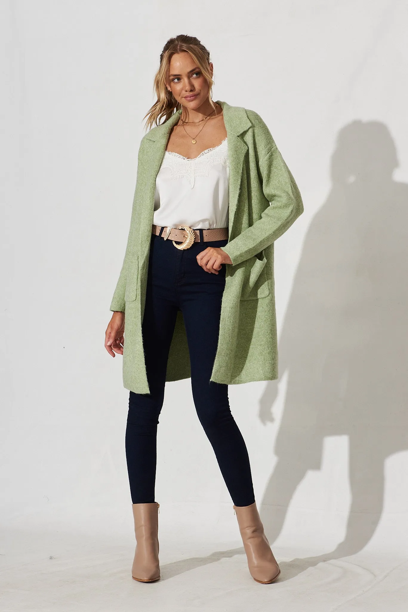 Quinzy Knit Coat In Green Marle Wool Blend