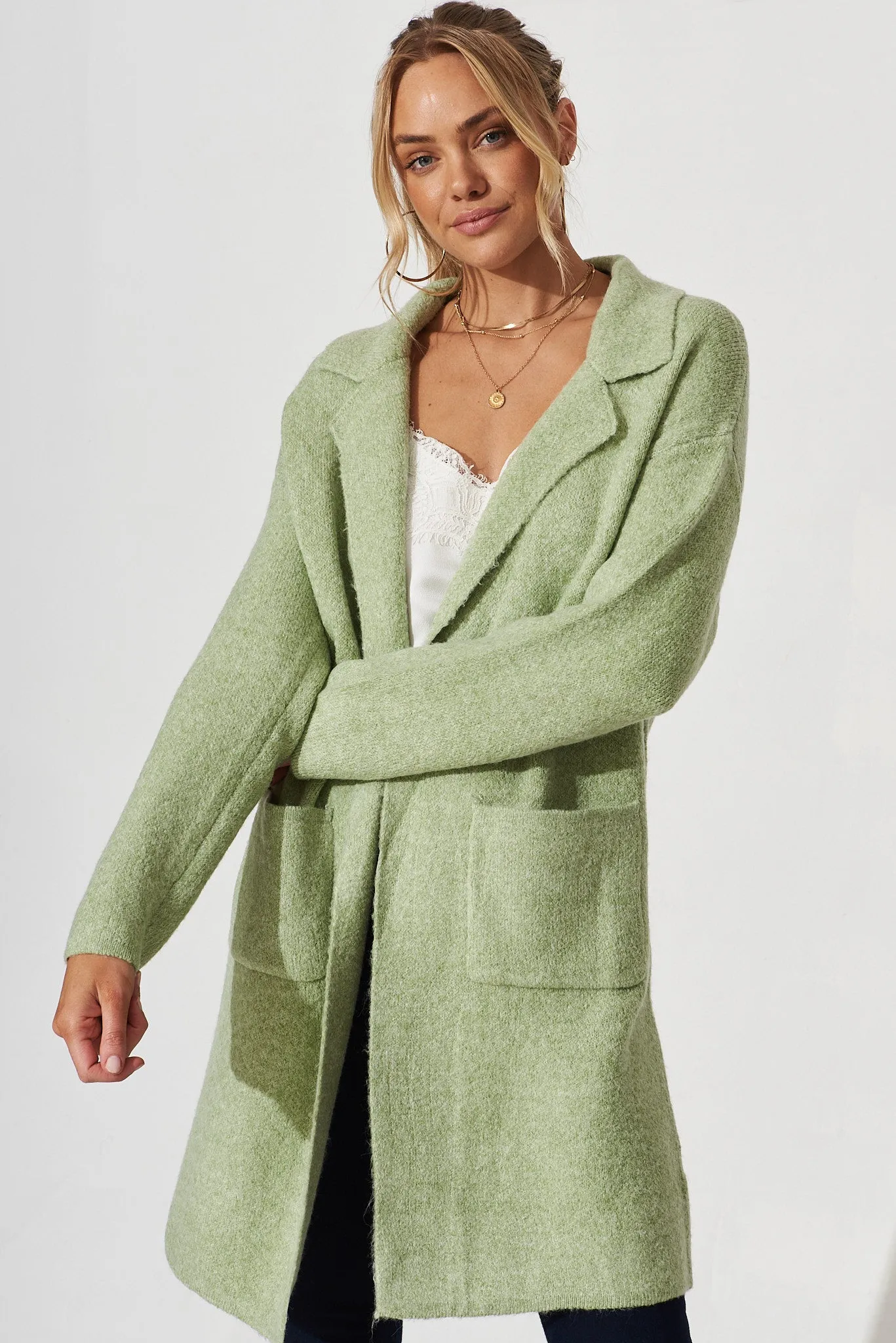 Quinzy Knit Coat In Green Marle Wool Blend