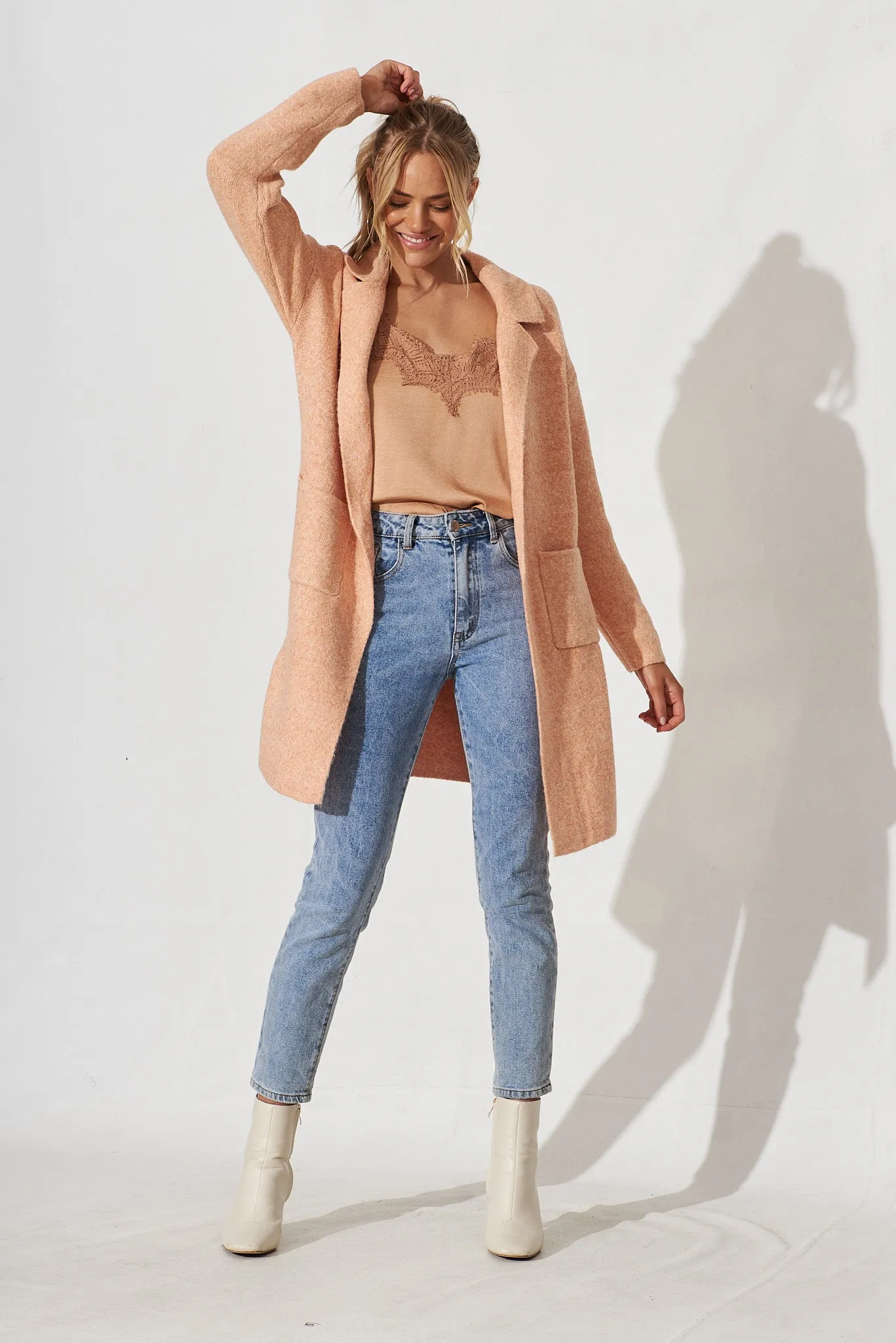 Quinzy Knit Coat In Peach Marle Wool Blend