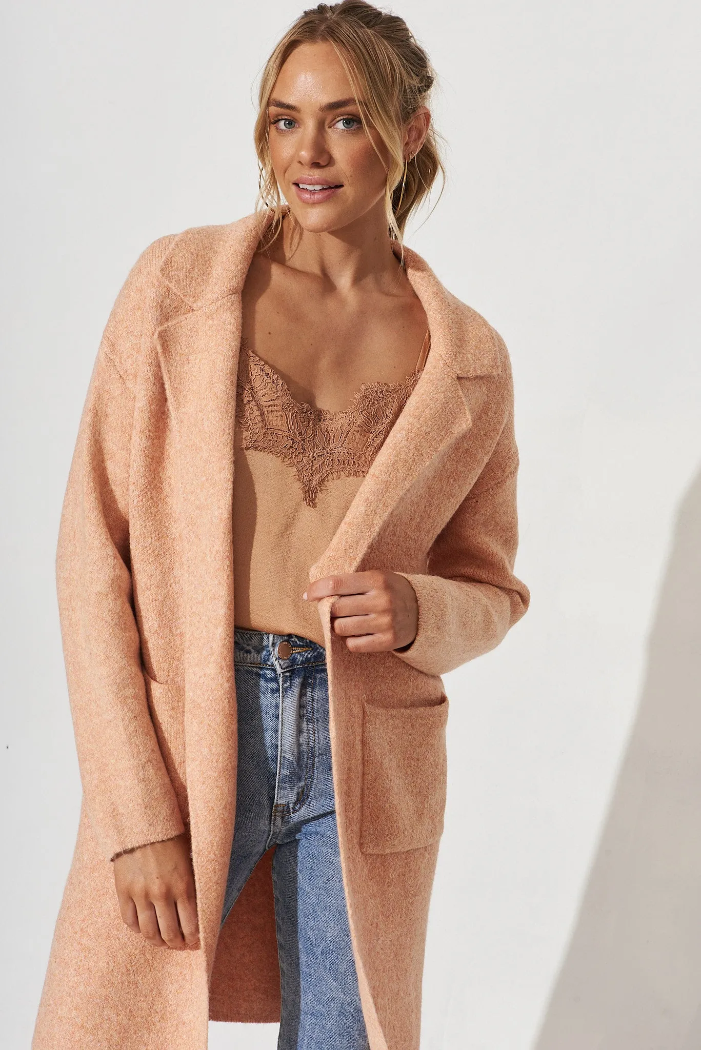 Quinzy Knit Coat In Peach Marle Wool Blend