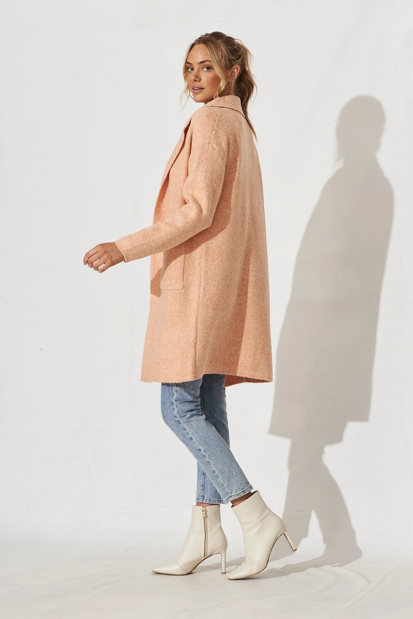 Quinzy Knit Coat In Peach Marle Wool Blend