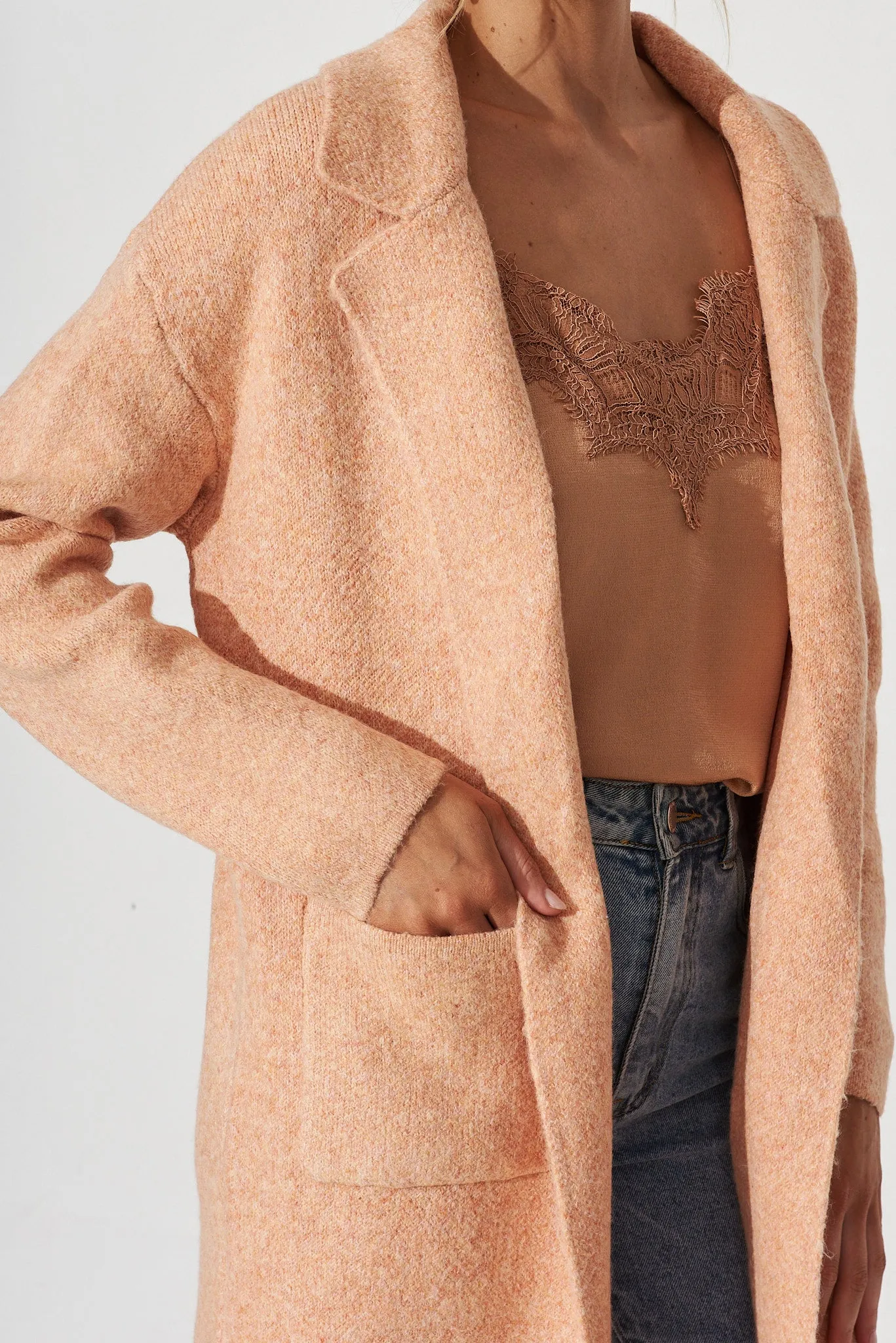 Quinzy Knit Coat In Peach Marle Wool Blend