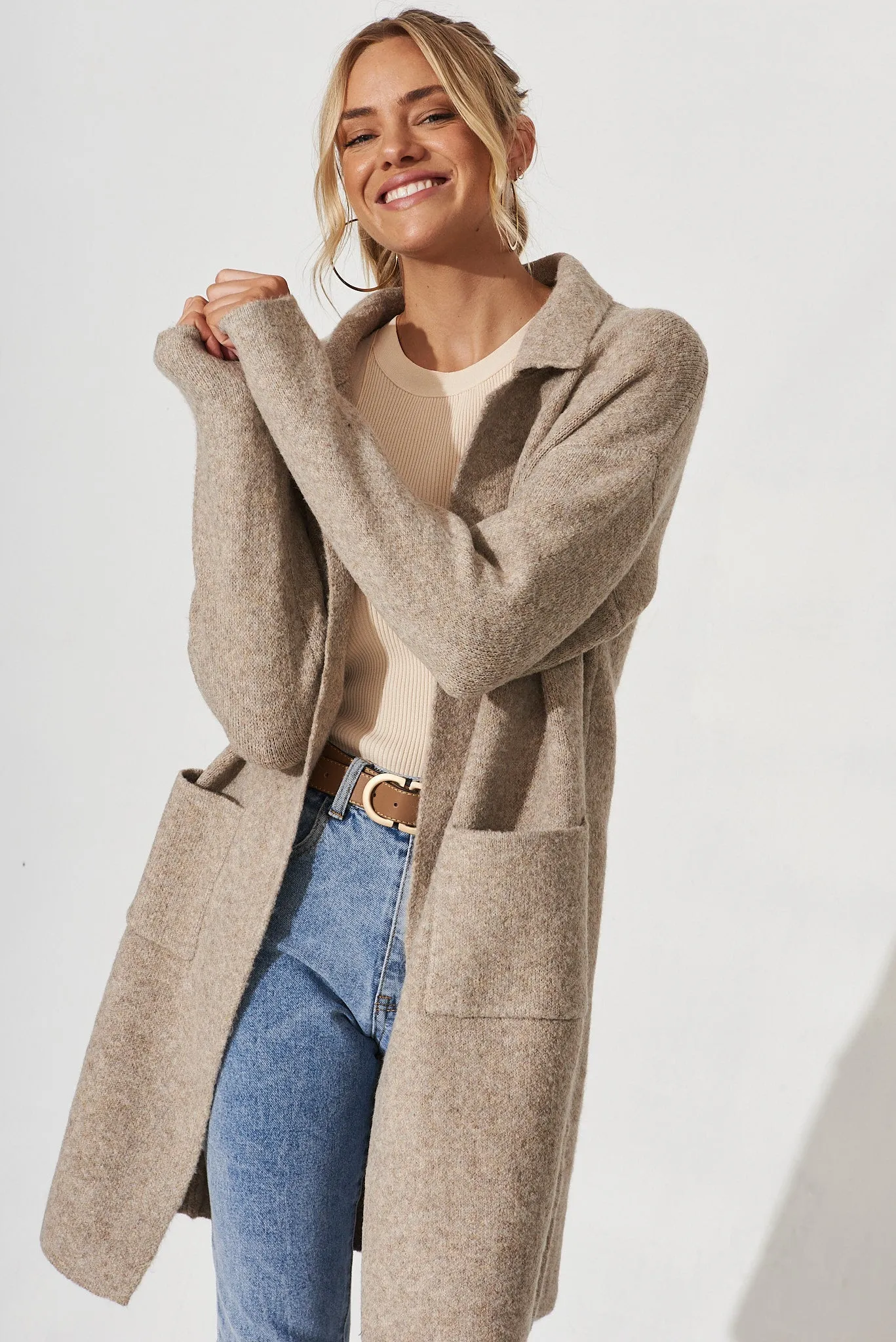 Quinzy Knit Coat In Taupe Marle Wool Blend