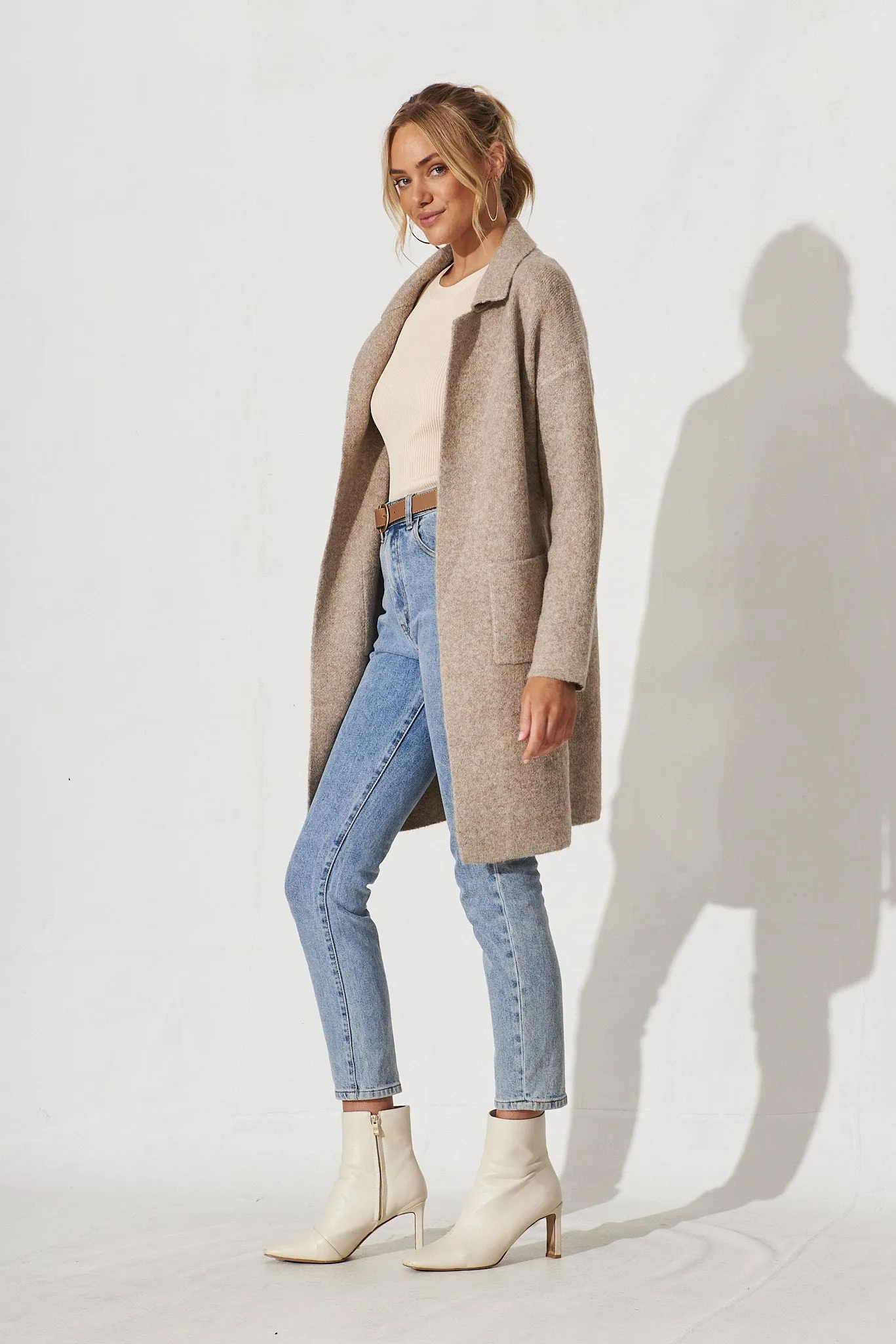 Quinzy Knit Coat In Taupe Marle Wool Blend