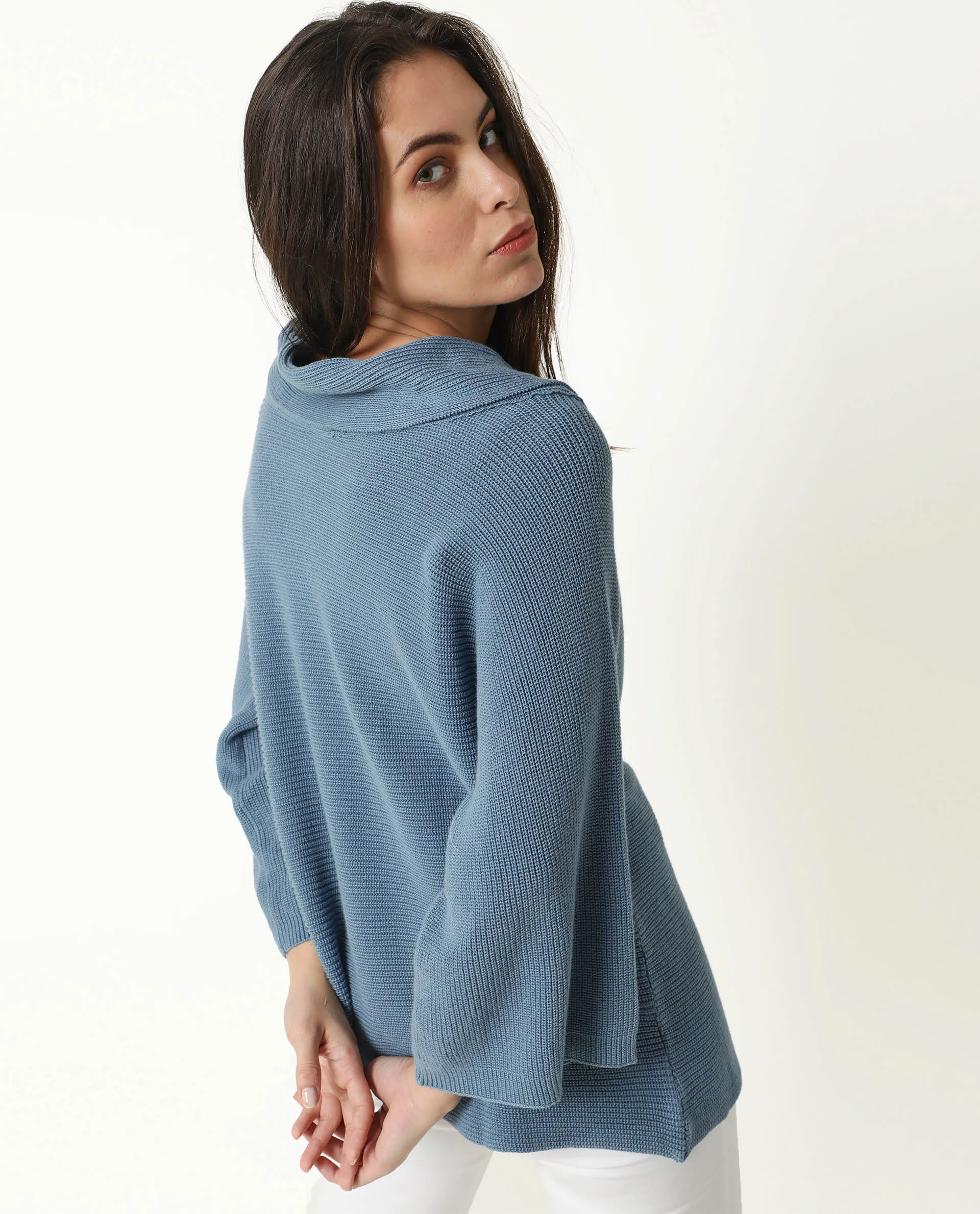 Rareism Women Cleo Blue  3/4Th Sleeves Relaxed Fit Solid Cowl Neck Sweater