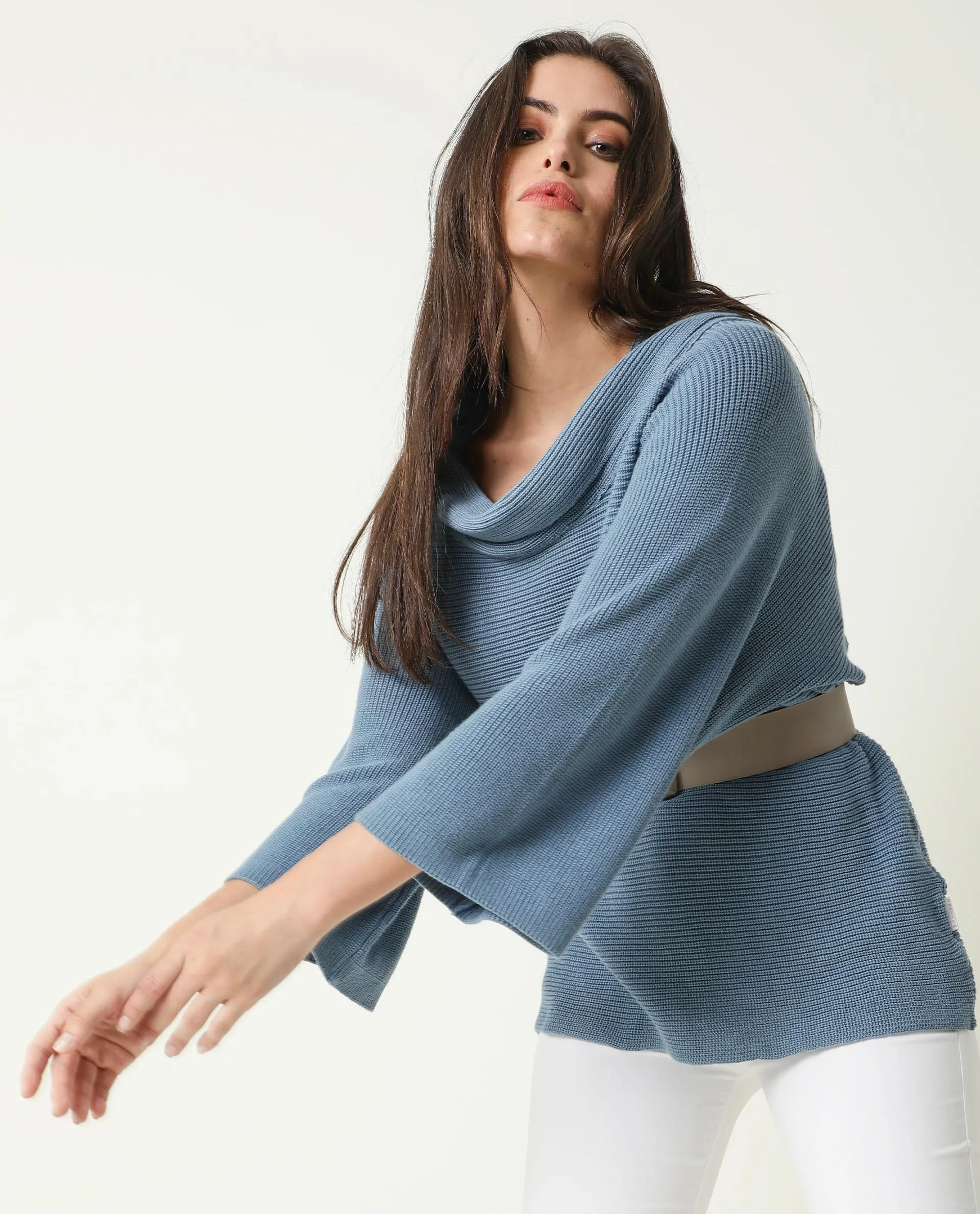 Rareism Women Cleo Blue  3/4Th Sleeves Relaxed Fit Solid Cowl Neck Sweater