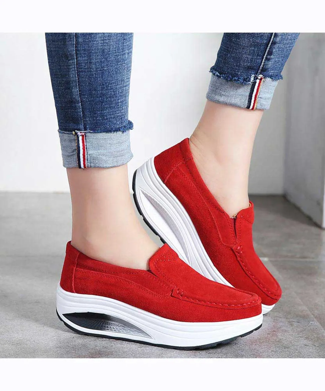 Red hollow slip on rocker bottom shoe sneaker