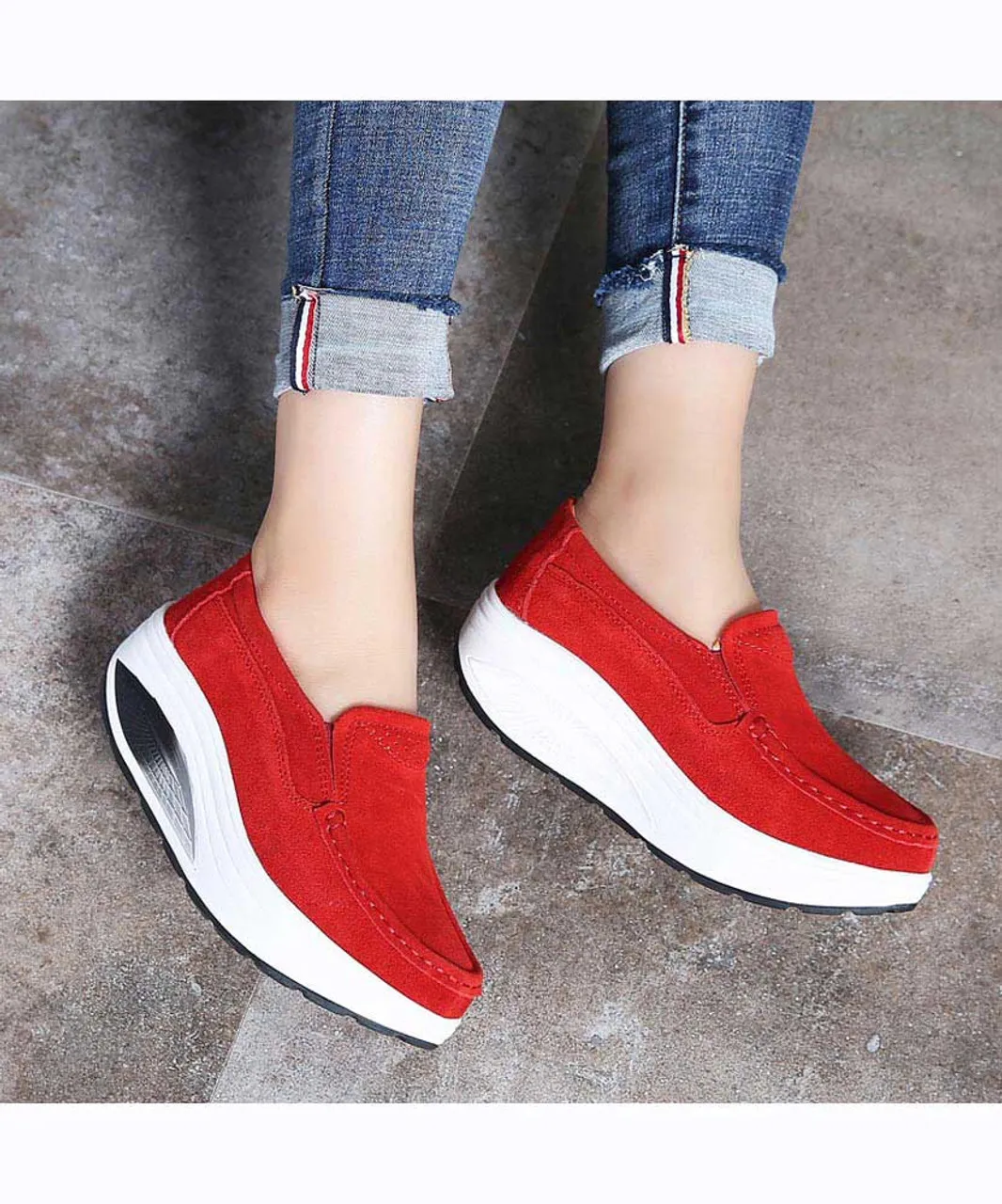 Red hollow slip on rocker bottom shoe sneaker