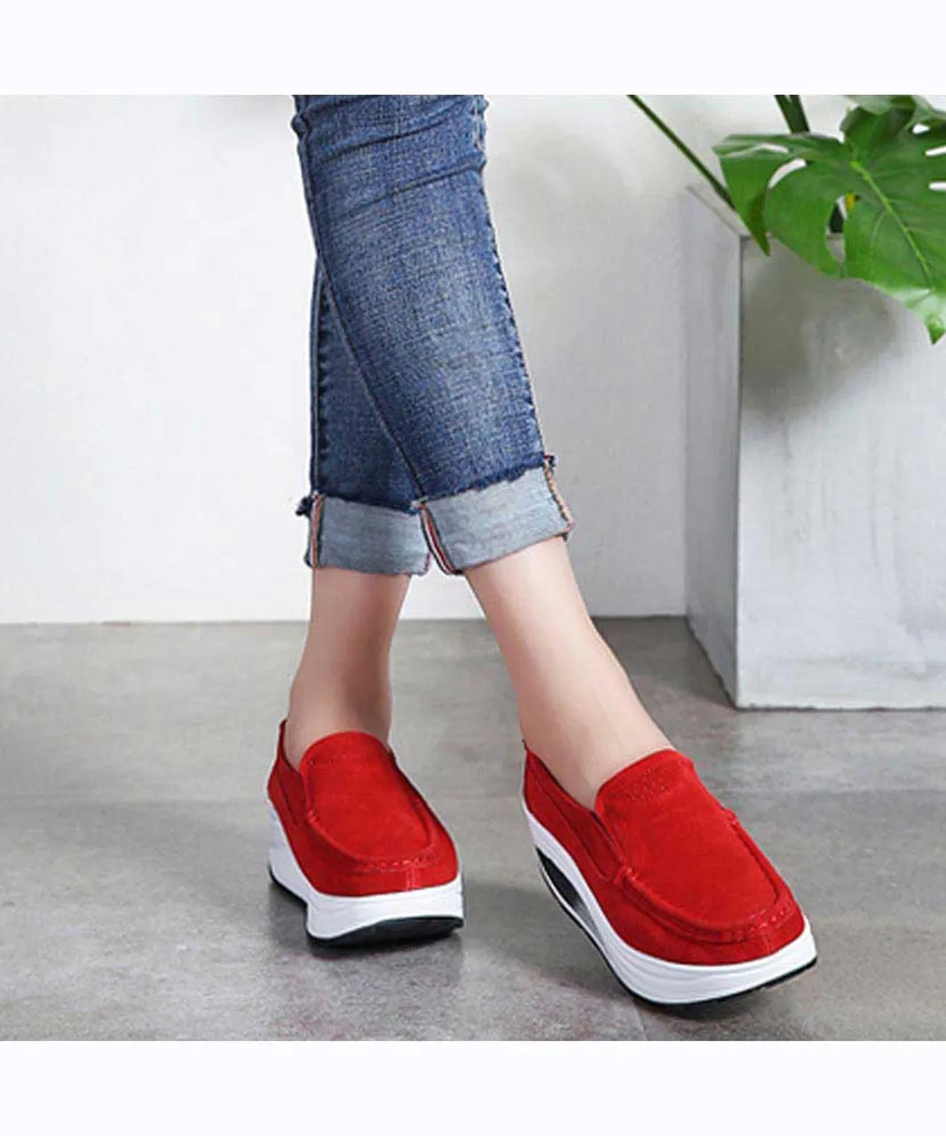 Red hollow slip on rocker bottom shoe sneaker