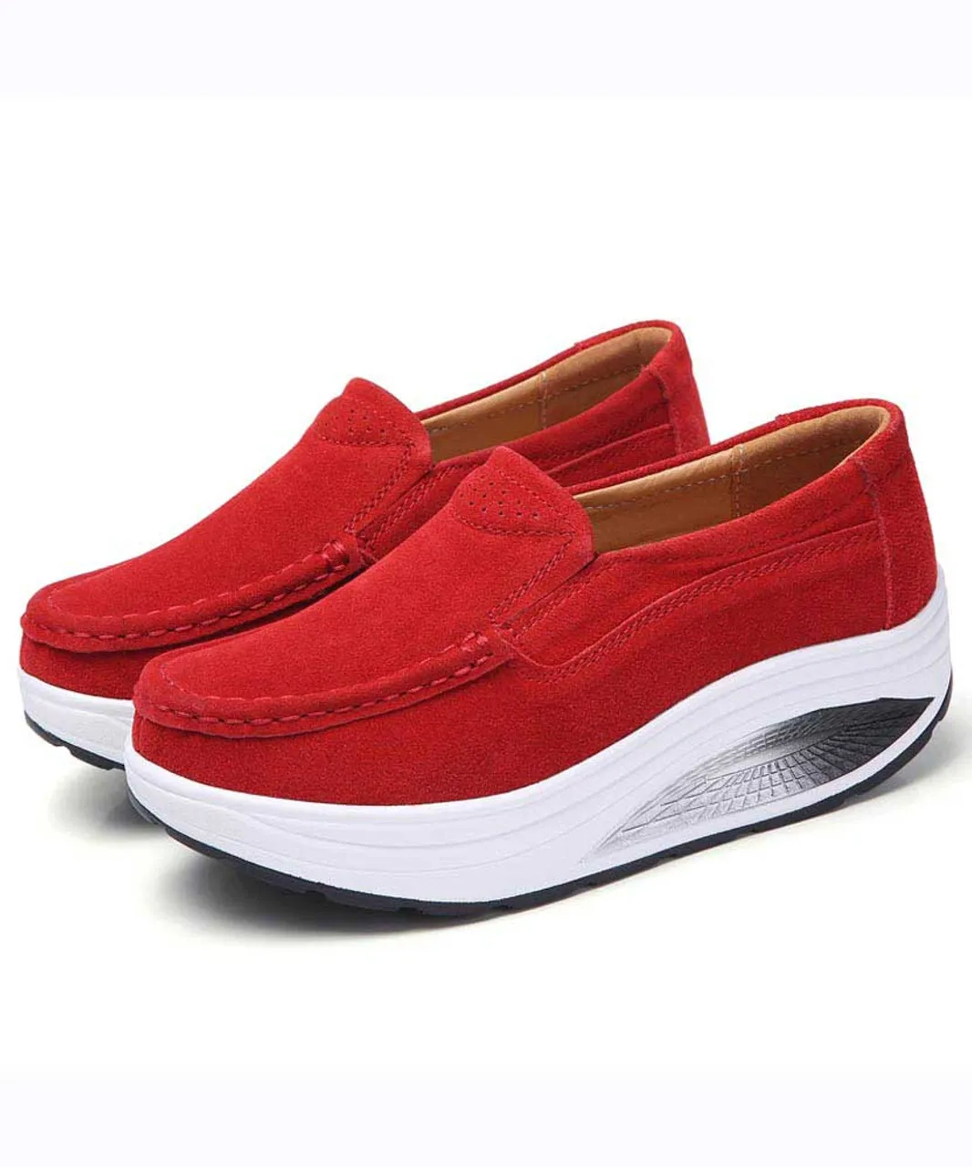 Red hollow slip on rocker bottom shoe sneaker