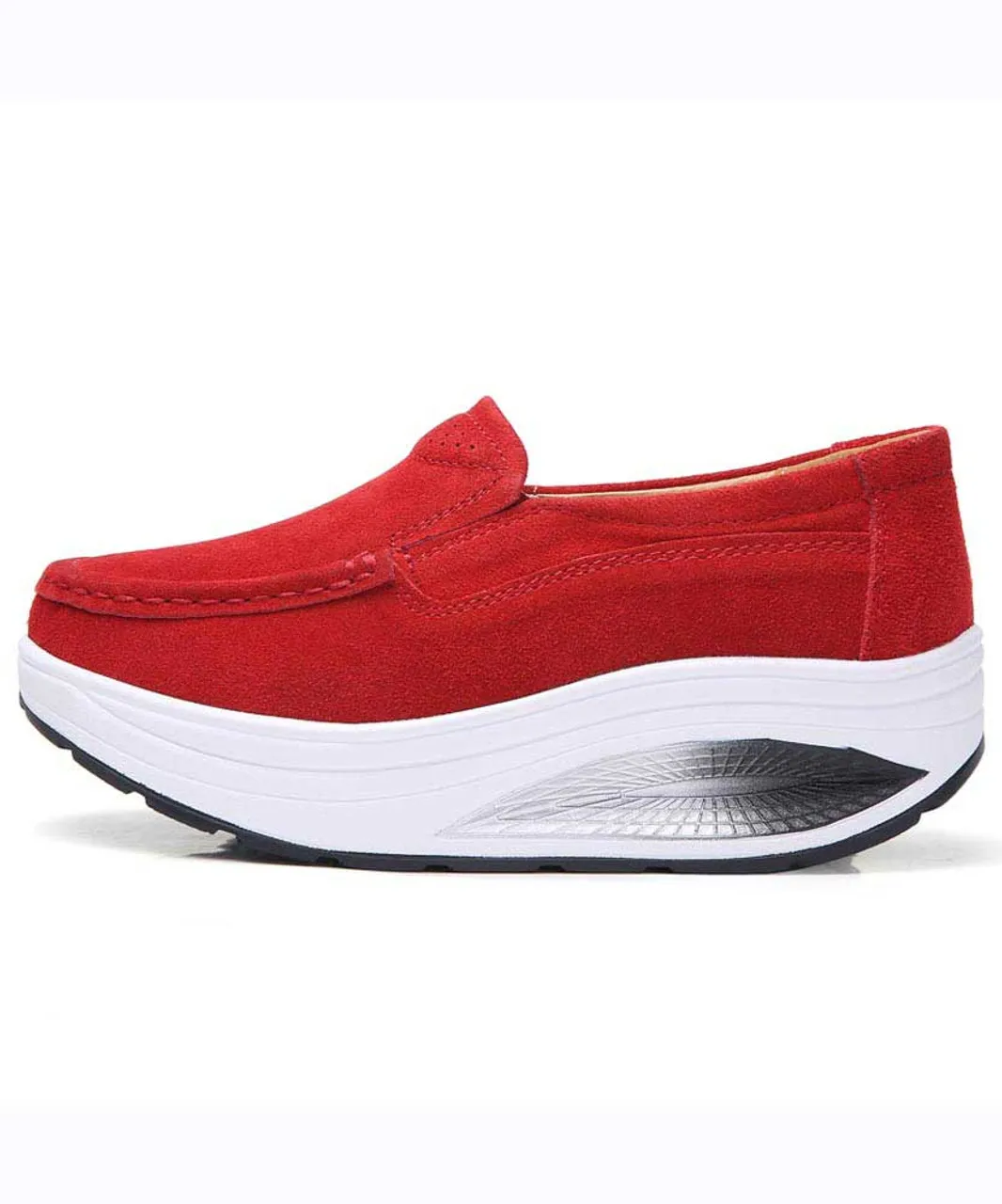 Red hollow slip on rocker bottom shoe sneaker