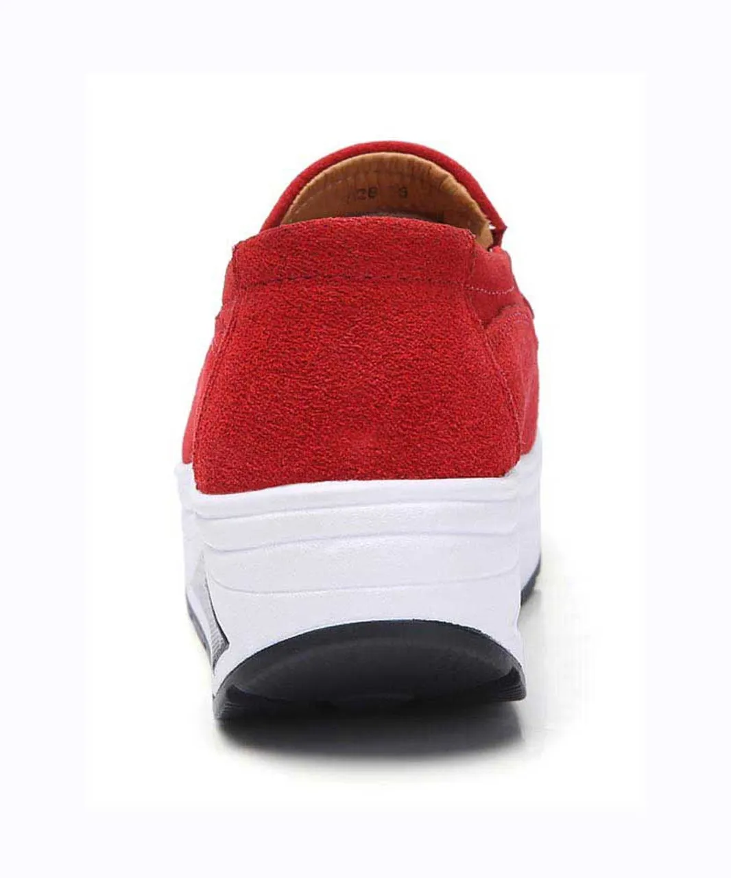 Red hollow slip on rocker bottom shoe sneaker