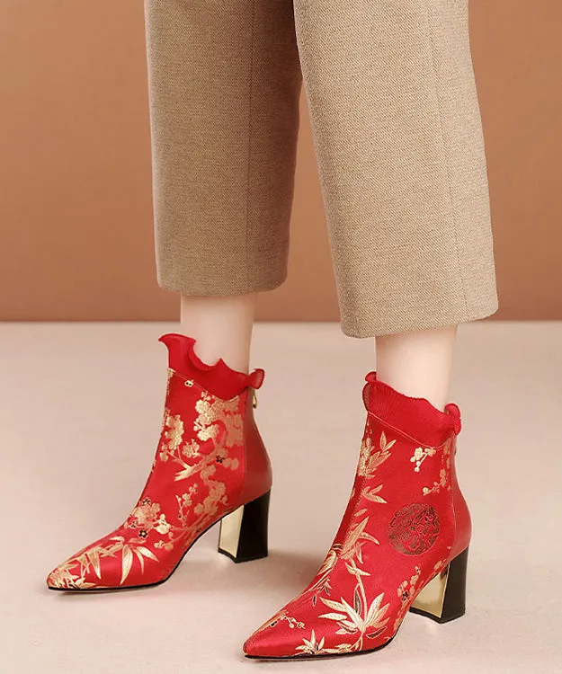 Red Zippered Cowhide Leather Embroidered Chunky Boots