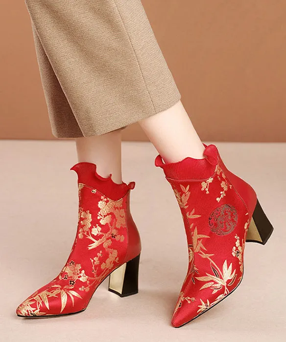 Red Zippered Cowhide Leather Embroidered Chunky Boots