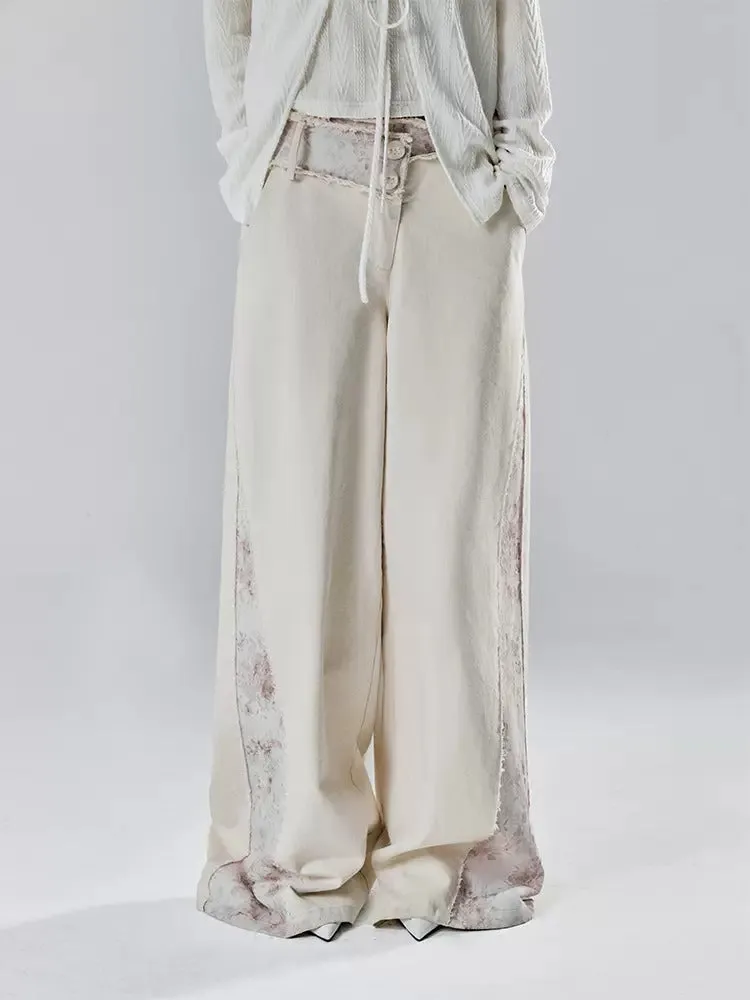 Retro Loose Lace Stitching Low-waist Wide-leg Jeans