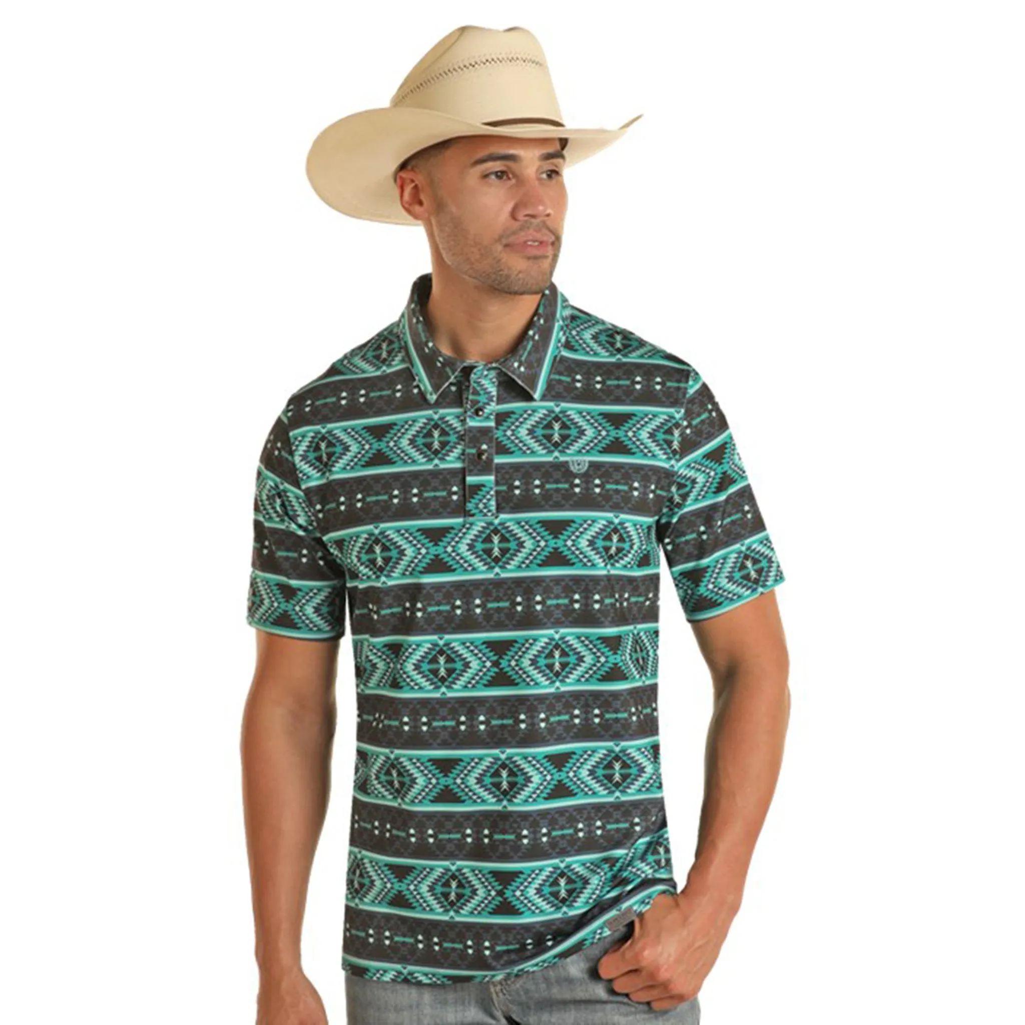 Rock & Roll Men's Turquoise & Grey Aztec Polo