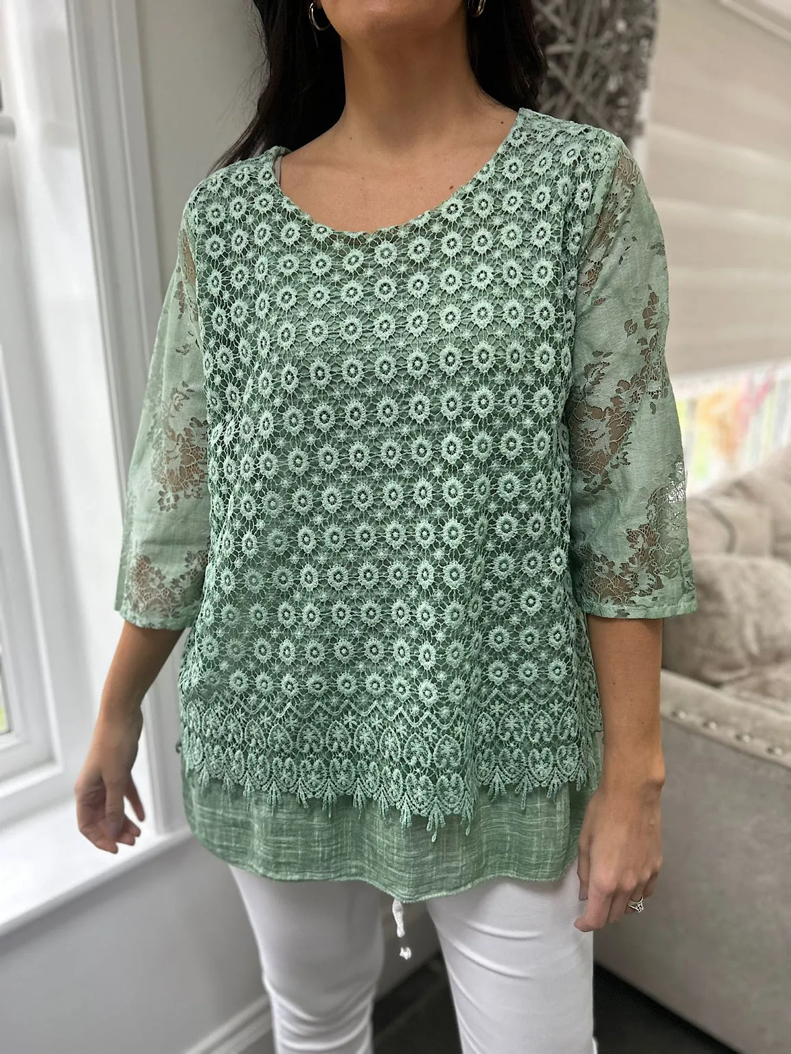 Sage Layered Floral Lace Top Sarah