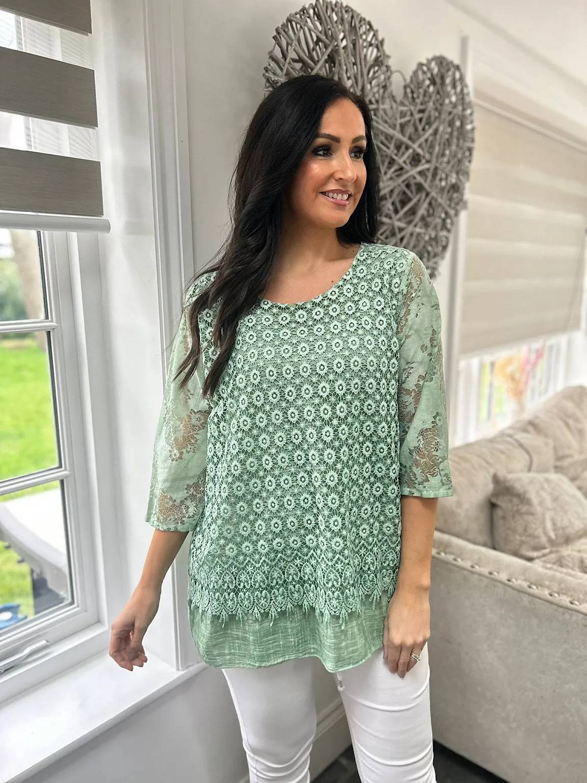 Sage Layered Floral Lace Top Sarah