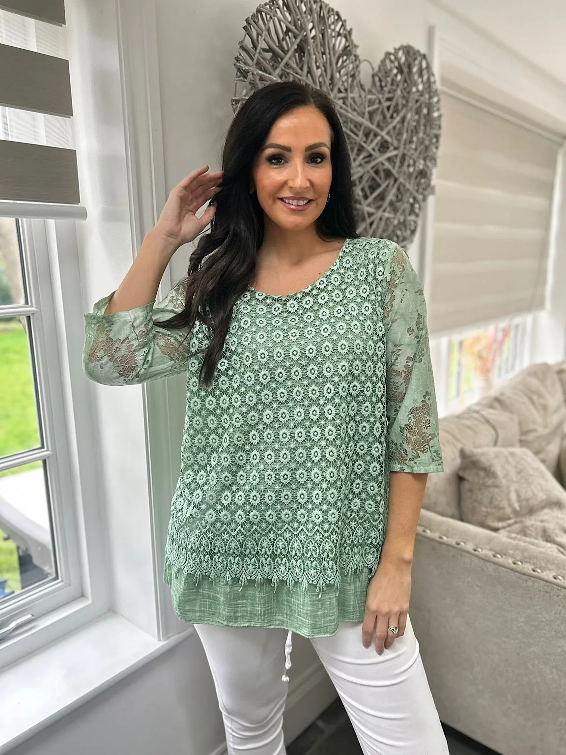 Sage Layered Floral Lace Top Sarah