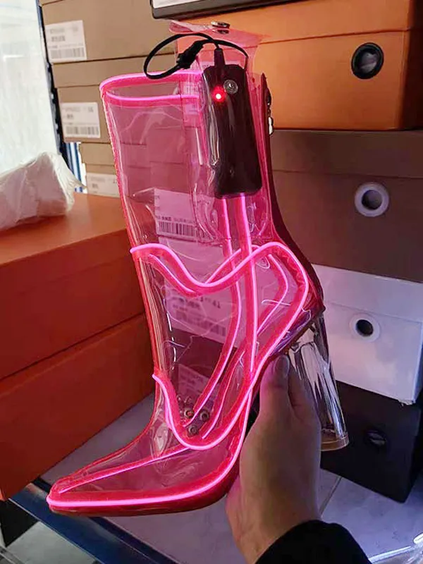 Sexy Light Up Boots Pointed Toe Chunky Heel Ankle Boots Without Battery