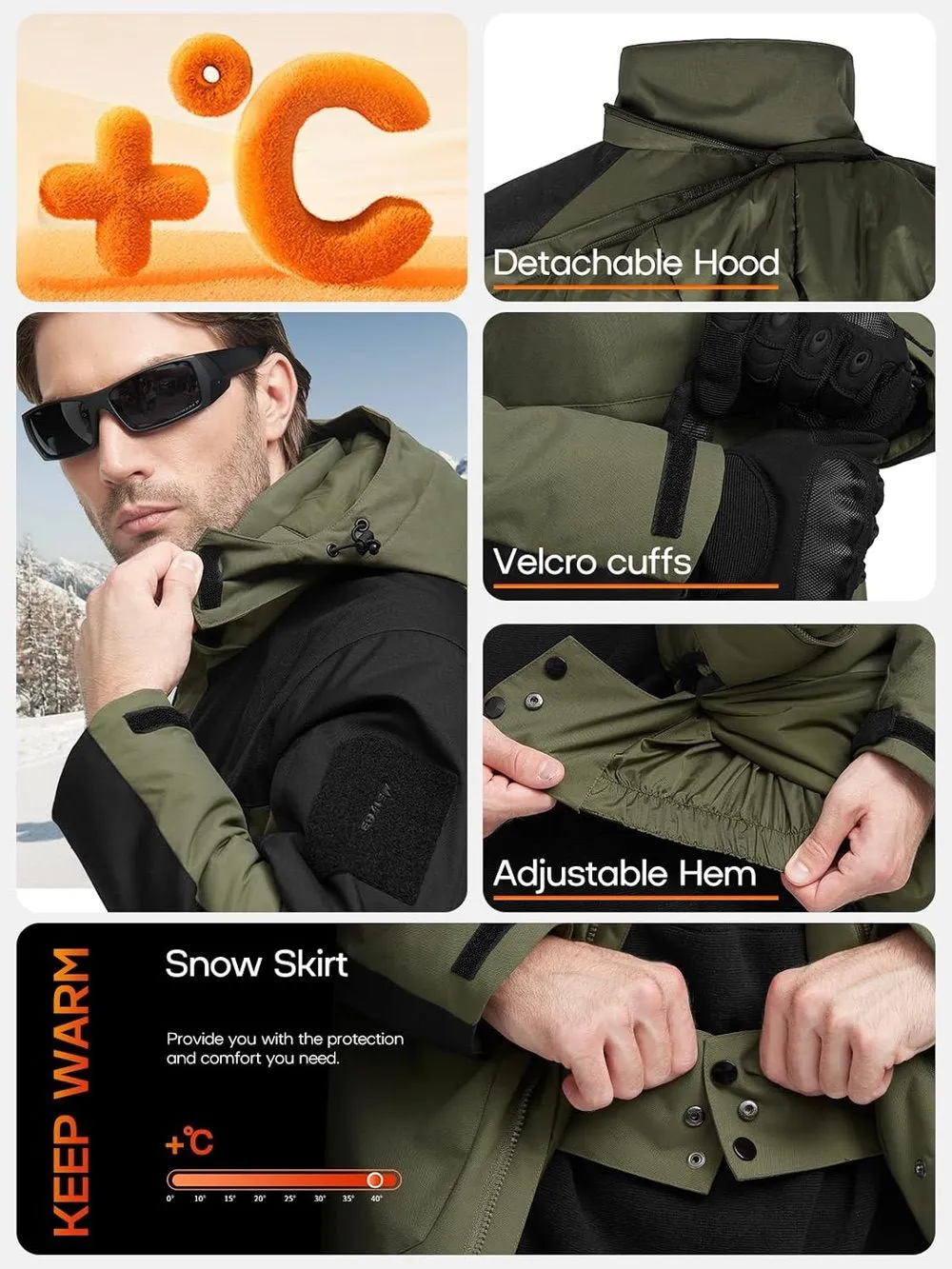 SHARP Men's Waterproof Ski Winter Jacket w/  Multi Pockets & Detachable Hood