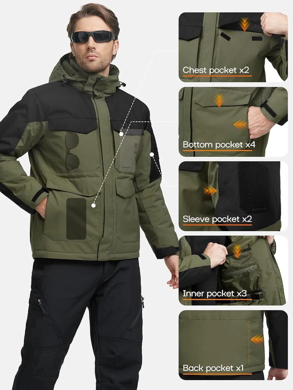 SHARP Men's Waterproof Ski Winter Jacket w/  Multi Pockets & Detachable Hood