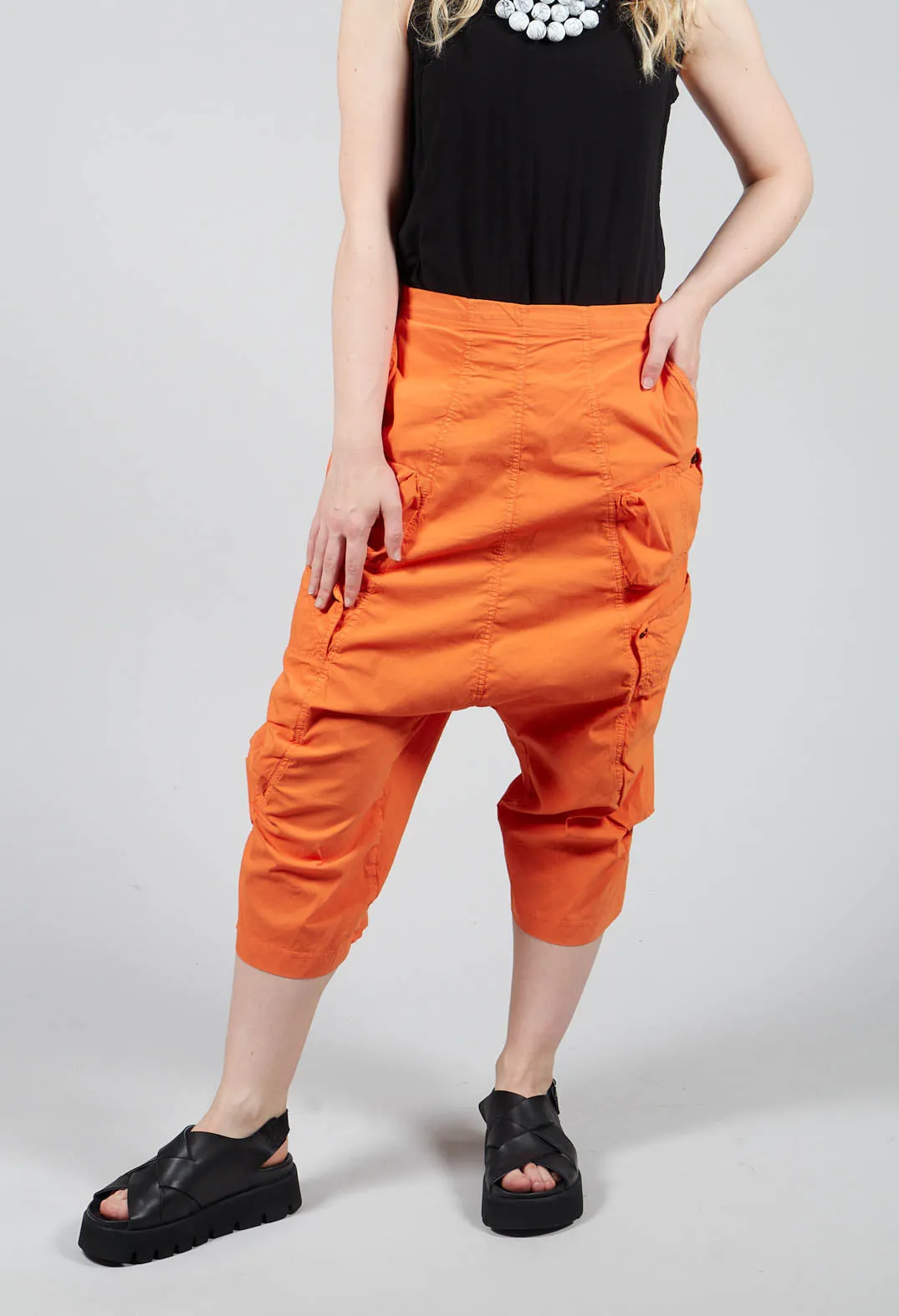 Short Drop Crotch Trousers With Side Pockets in Orange