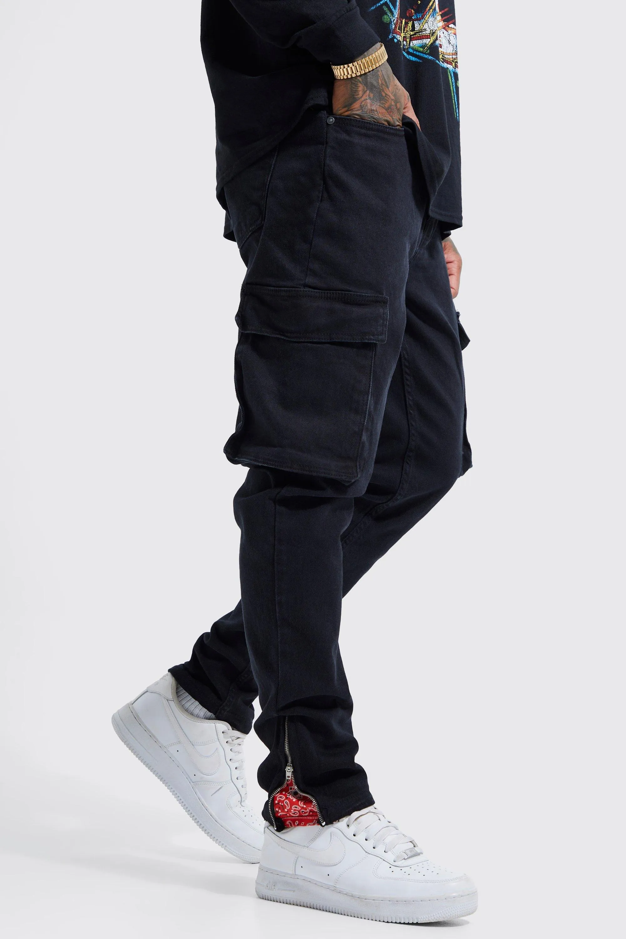 Skinny Stretch Cargo Zip Hem Bandana Jeans | boohooMAN UK