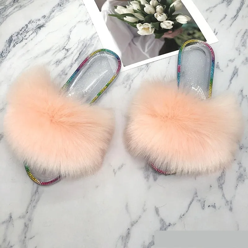 Summer Casual Rubber Powder Synthetic Fur House Slippers for Women