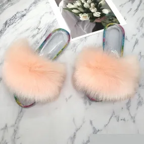 Summer Casual Rubber Powder Synthetic Fur House Slippers for Women