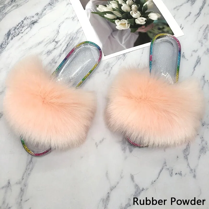 Summer Casual Rubber Powder Synthetic Fur House Slippers for Women