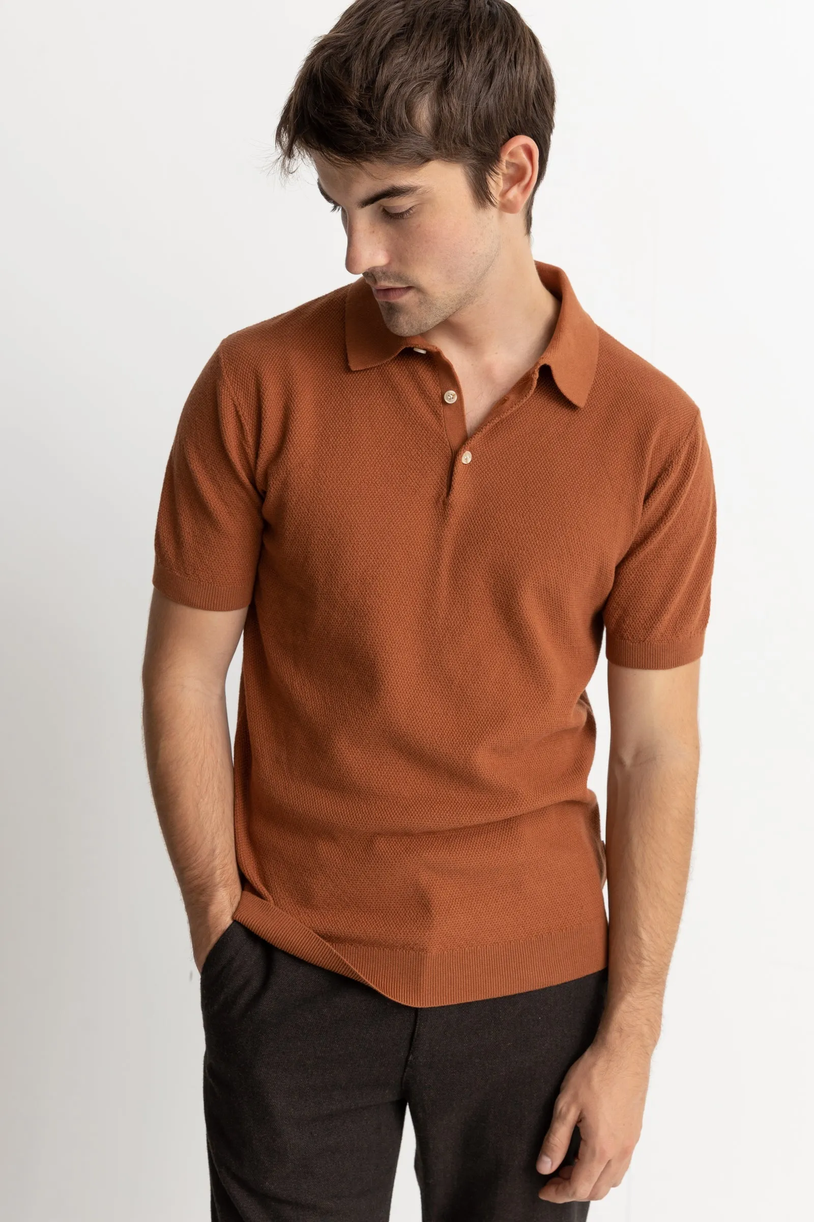 Textured Knit Ss Polo Clay