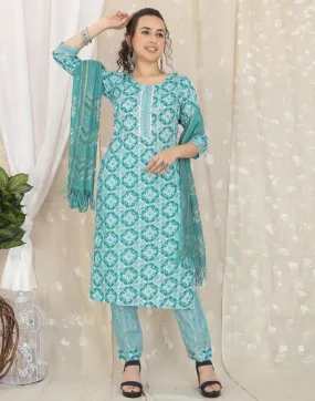 Turquoise Cotton Printed Straight Kurta With Pant And Dupatta