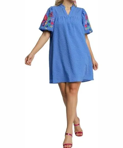 umgee Embroidered Sleeve Seersucker Short Dress In Ocean