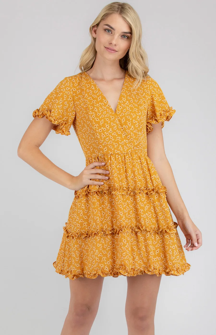 V-Neck Printed Dress With Ruffle Details (SDR741B) 