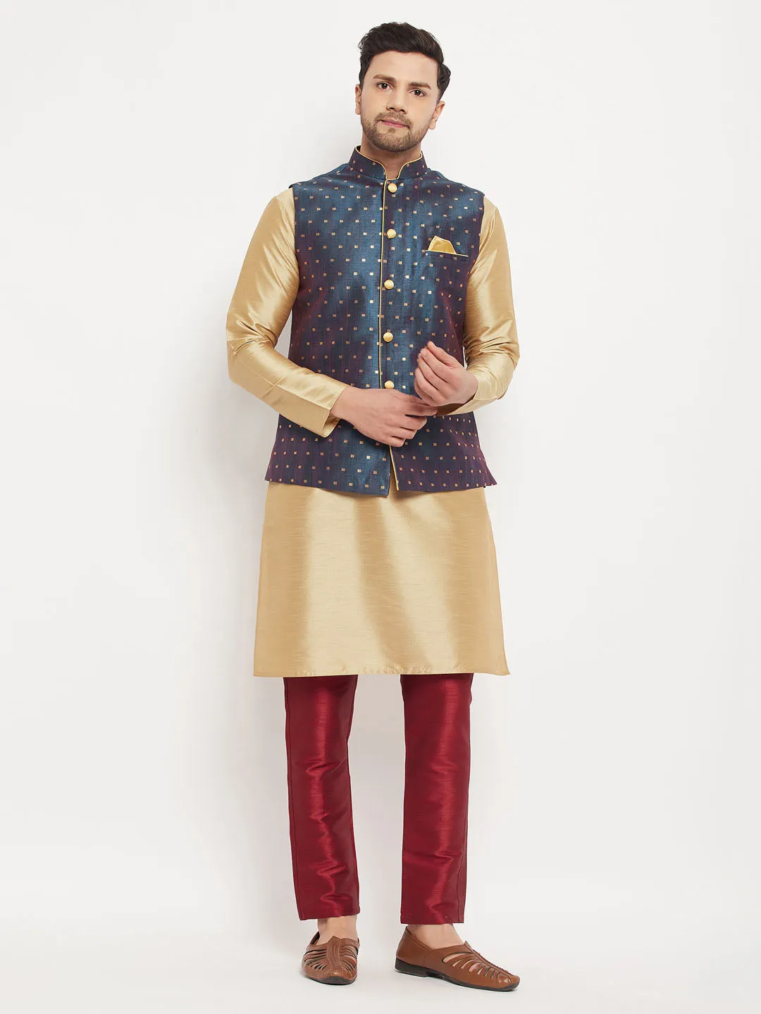 VASTRAMAY Men's Blue Zari Weaved Jacket With Kurta Pant Set