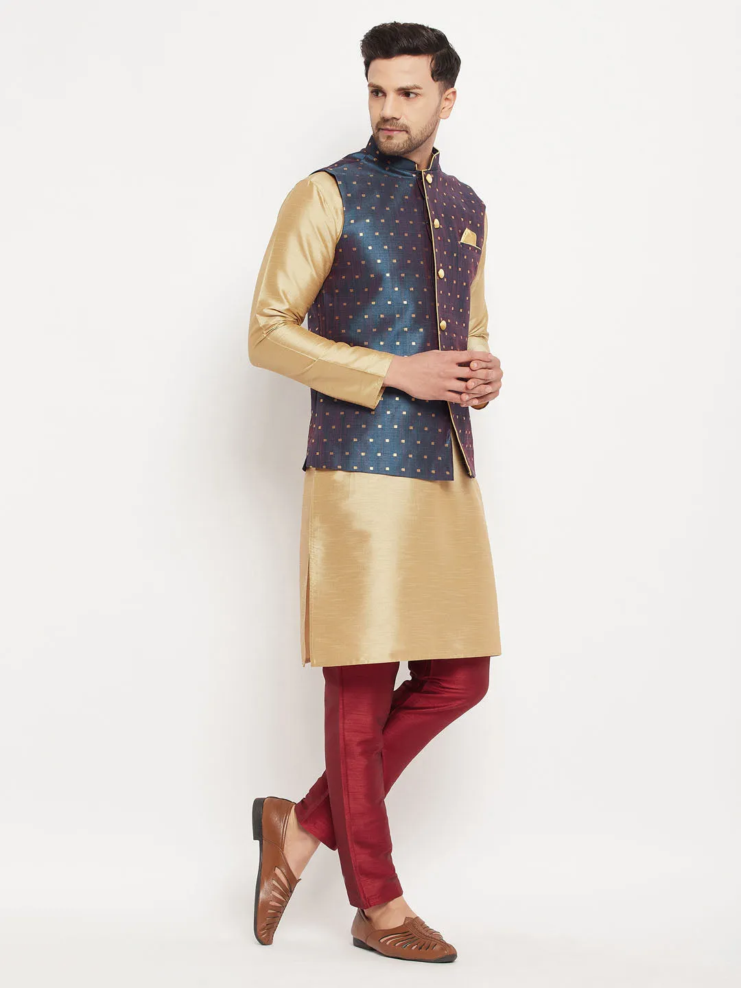 VASTRAMAY Men's Blue Zari Weaved Jacket With Kurta Pant Set