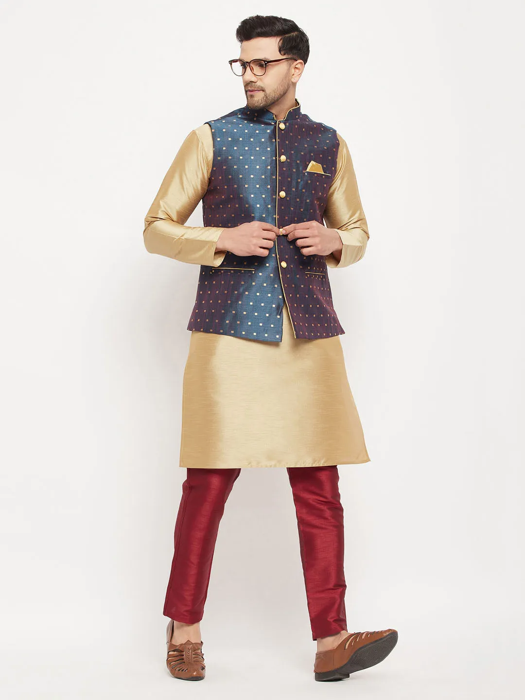 VASTRAMAY Men's Blue Zari Weaved Jacket With Kurta Pant Set