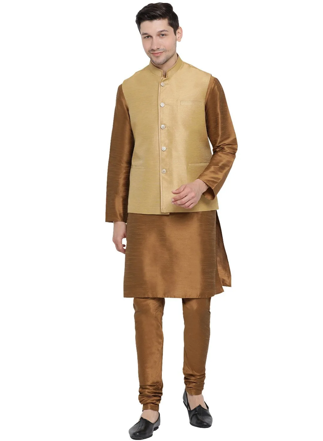 VASTRAMAY Men's Brown Cotton Silk Blend Kurta, Ethnic Jacket and Pyjama Set