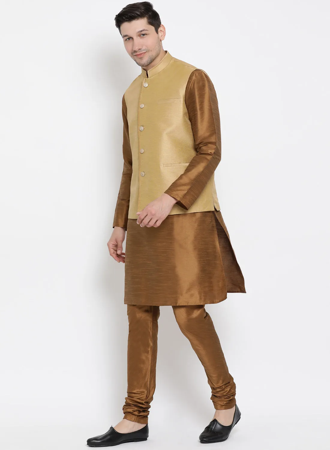 VASTRAMAY Men's Brown Cotton Silk Blend Kurta, Ethnic Jacket and Pyjama Set