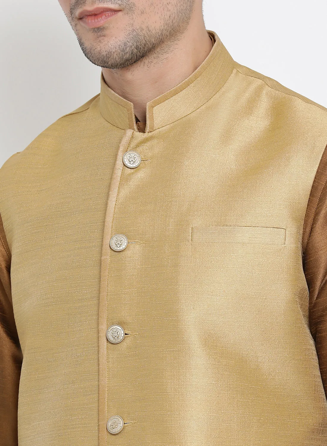 VASTRAMAY Men's Brown Cotton Silk Blend Kurta, Ethnic Jacket and Pyjama Set