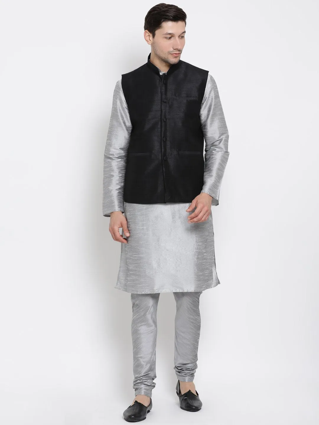 VASTRAMAY Men's Grey Cotton Silk Blend Kurta, Ethnic Jacket and Pyjama Set