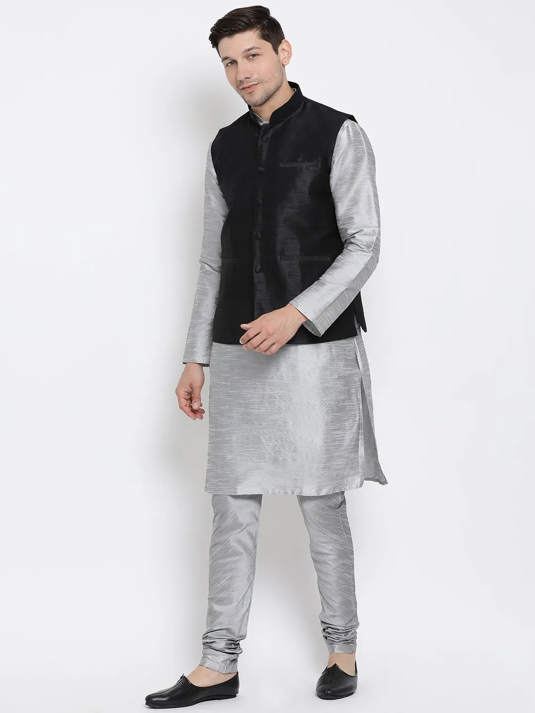 VASTRAMAY Men's Grey Cotton Silk Blend Kurta, Ethnic Jacket and Pyjama Set