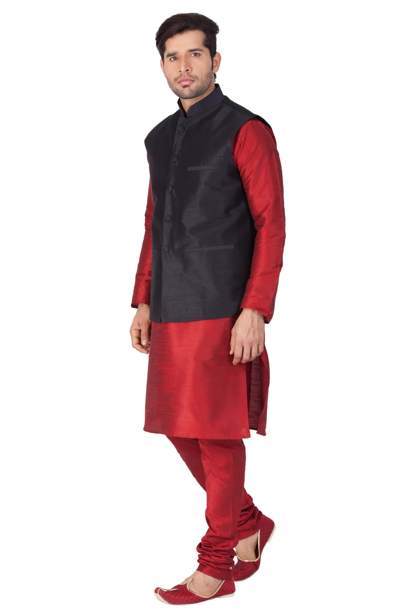 VASTRAMAY Men's Maroon Cotton Silk Blend Kurta, Ethnic Jacket and Pyjama Set