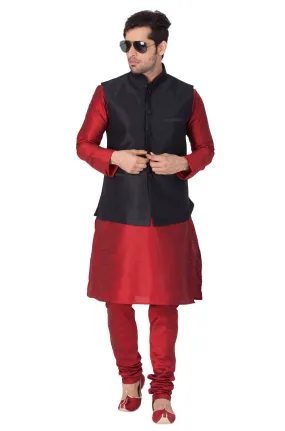 VASTRAMAY Men's Maroon Cotton Silk Blend Kurta, Ethnic Jacket and Pyjama Set