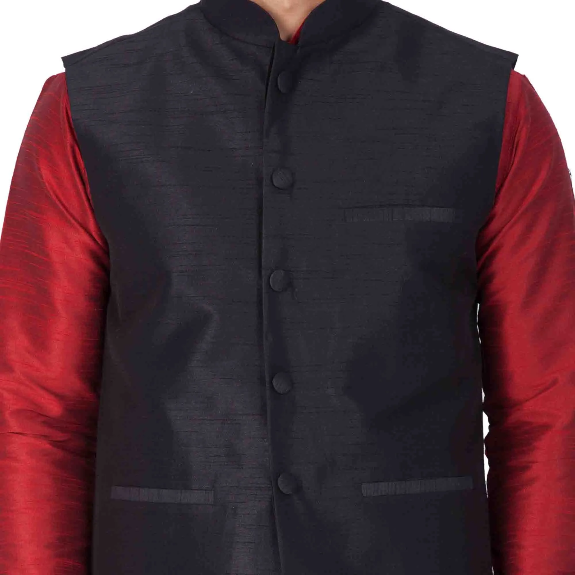 VASTRAMAY Men's Maroon Cotton Silk Blend Kurta, Ethnic Jacket and Pyjama Set