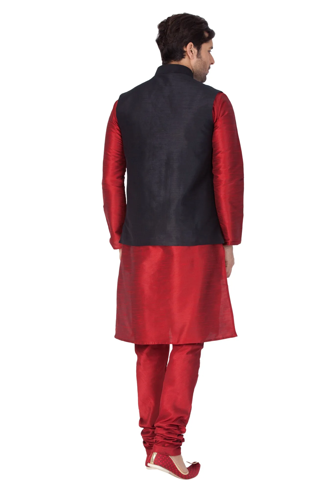 VASTRAMAY Men's Maroon Cotton Silk Blend Kurta, Ethnic Jacket and Pyjama Set