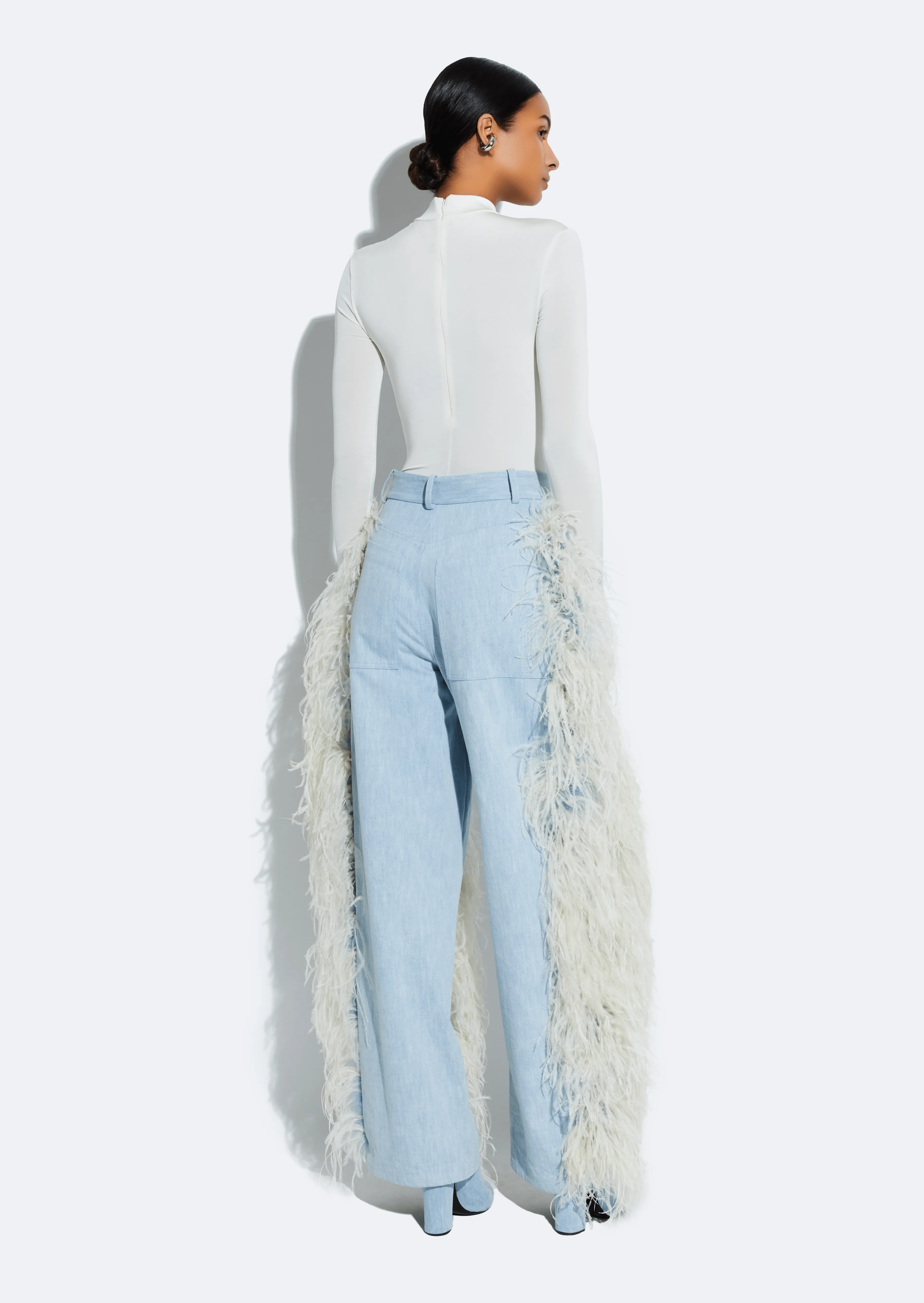 Washed Denim Straight Leg Pant With Feathers