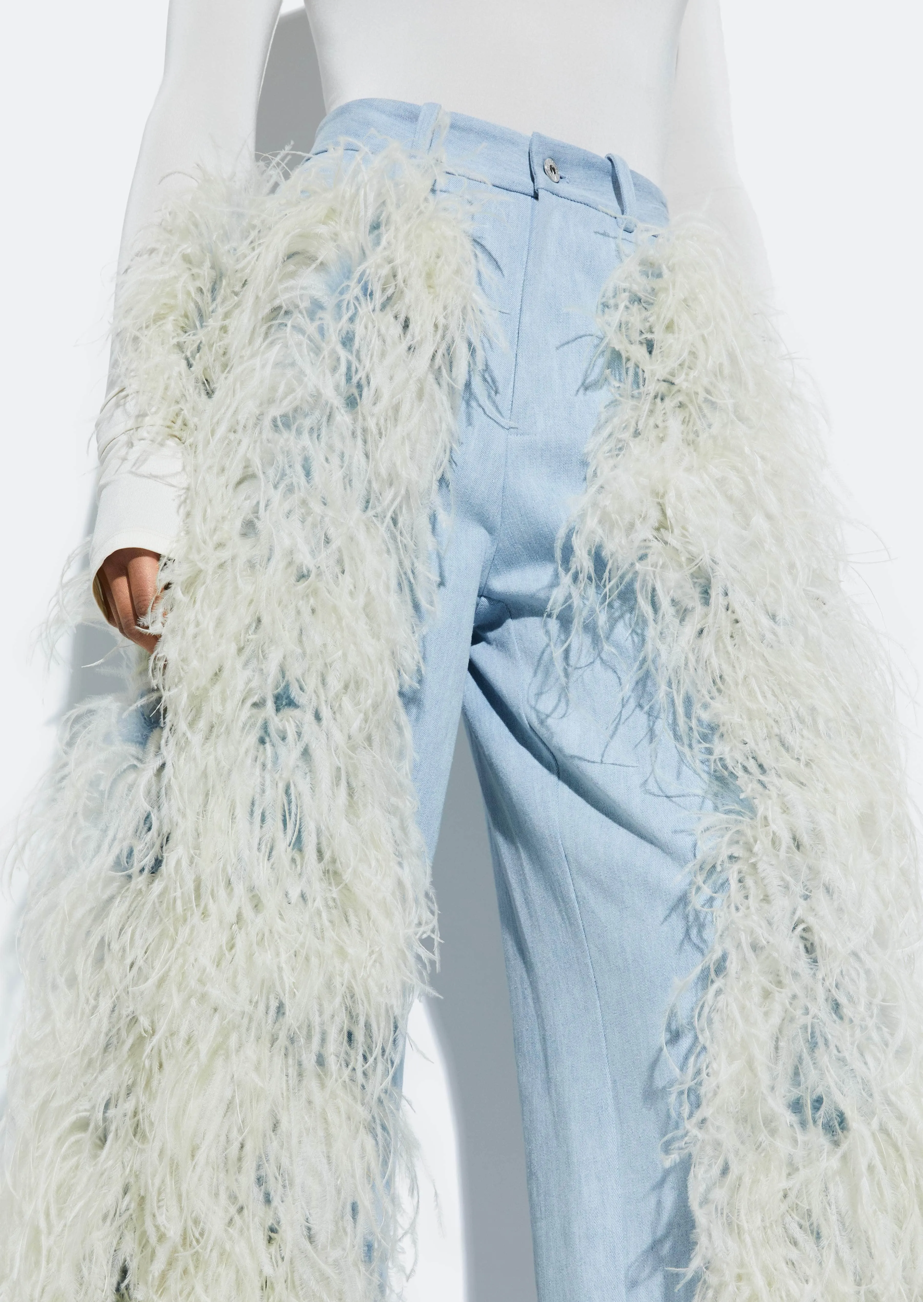 Washed Denim Straight Leg Pant With Feathers