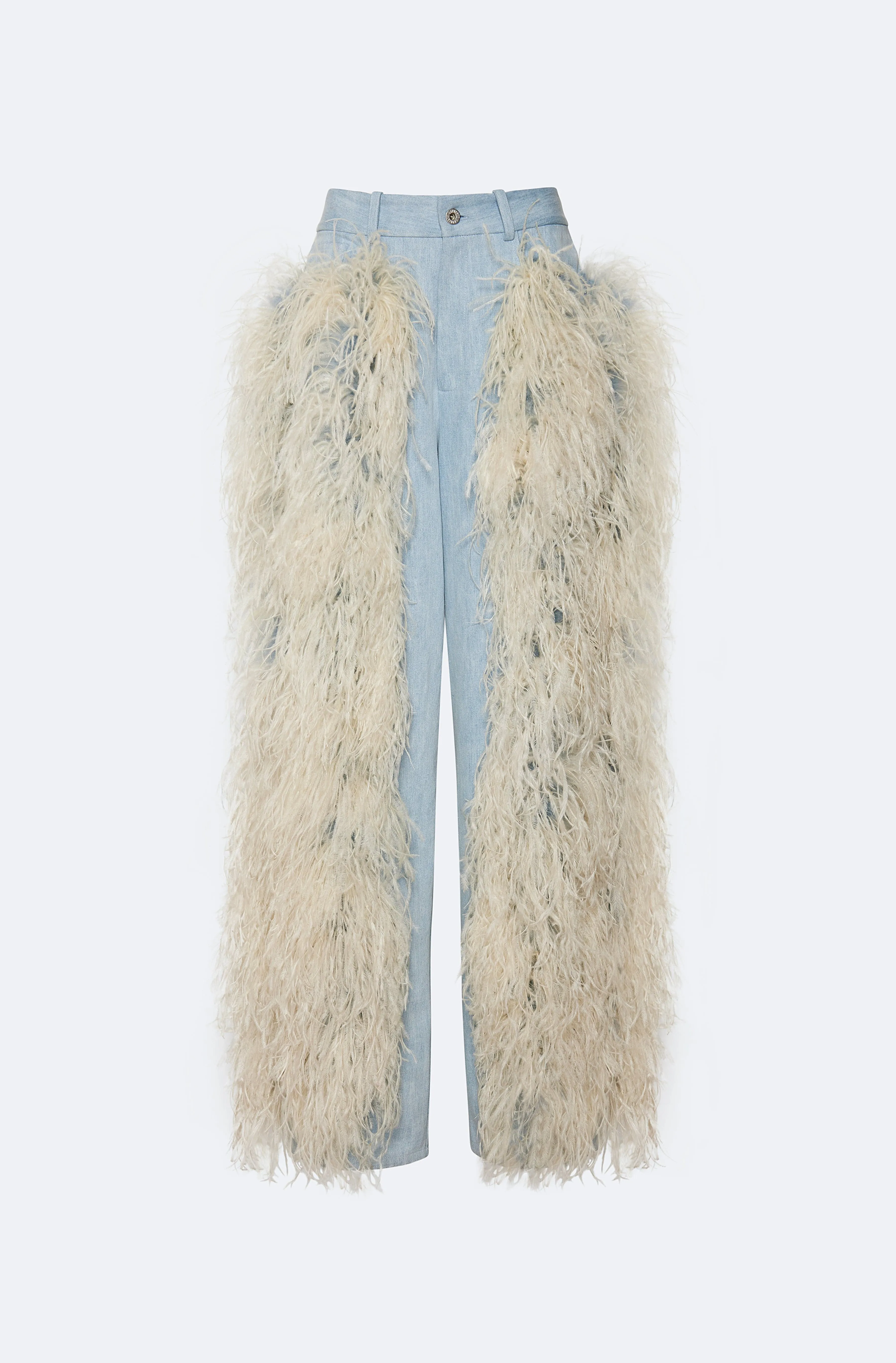 Washed Denim Straight Leg Pant With Feathers